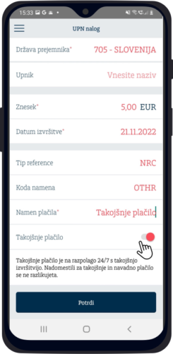 01-Takojšnje plačilo- android Addiko Mobile - mobilna aplikacija - nove funkcionalnosti