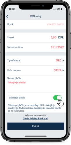 01_takojšnje plačilo ios Addiko Mobile - mobilna aplikacija - nove funkcionalnosti
